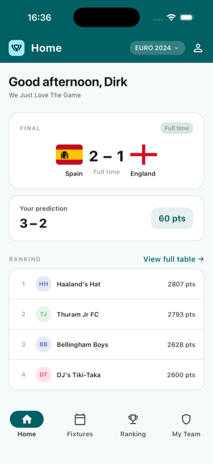 The Koppa app showing a match result, your prediction and the ranking
